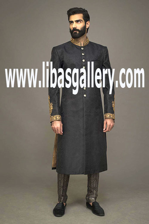 Exclusive Men`s Sherwani in Black Color long with pants Trouser for Wedding Special day portland,Sacramento,USA
