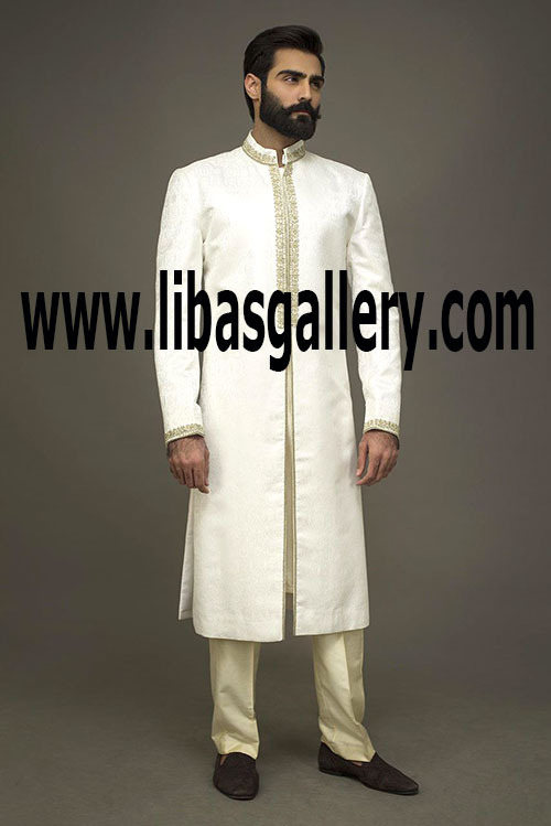 Off White sherwani in Suiting Fabric and Raw Silk for Men Wedding Day Nikah day Wolverhampton Winchester UK