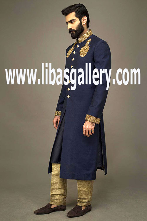 Exclusive Blue Embroidered Sherwani for Groom long length kora dabka stones work City of Westminster london UK