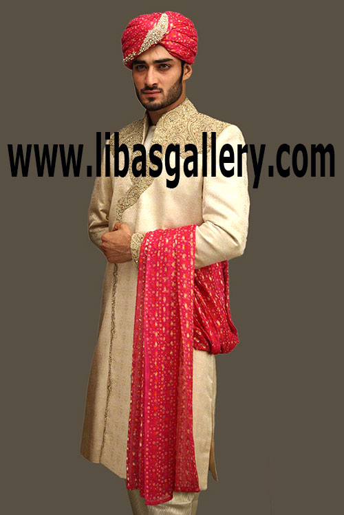 latest New Faun Color Sherwani with Pink Turban with Brooch for Men Wedding Day Wells Wakefield UK United Kingdom