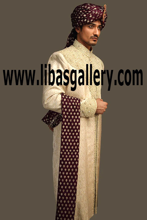 Custom Made Dulha Nosha Mian Groom Wear long Sherwani for Nikah Day in Banquet Hall Birmingham London UK United Kingdom