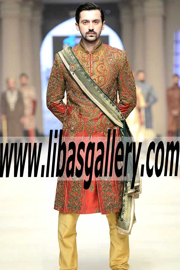 Embroidered Red Color Sherwani Suit for Wedding Men English Style Sherwani for Men Embroidered Birmingham UK 2016
