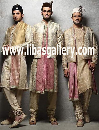 3 models 3 man 3 groom 3 dulha in sherwani suits Complete sherwani set for Groom Dulha Nosha Oman,Nuscat,Bahrain,Qatar