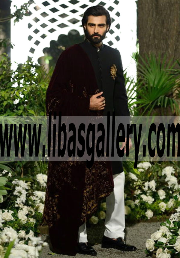 hasnain lehri wearing designer black Sherwani article for groom with velvet maroon shawl UK USA Canada