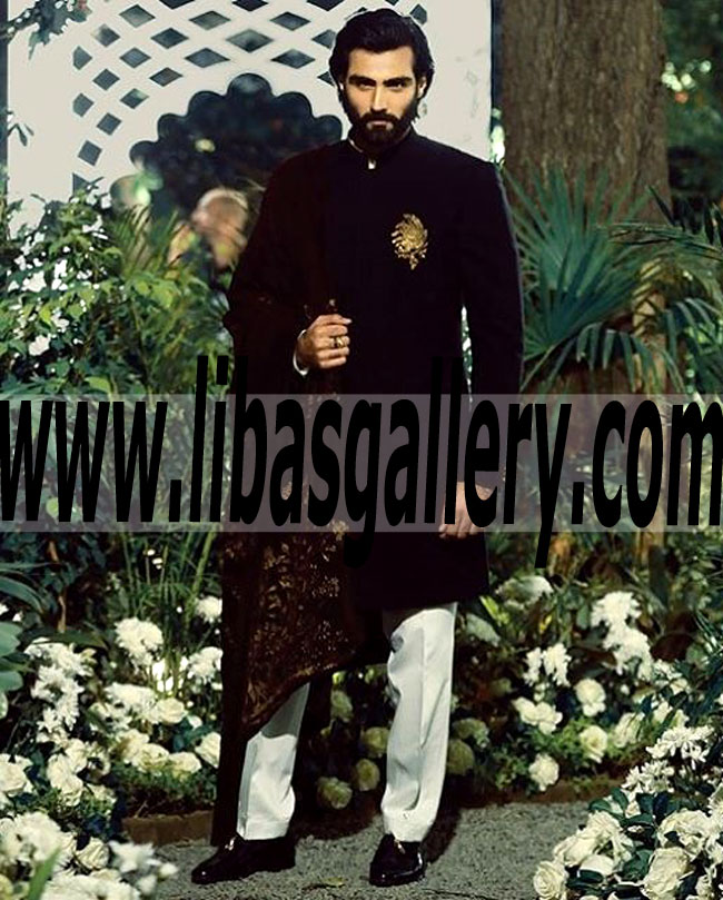 Traditional Black Mens Sherwani Suit gold motif