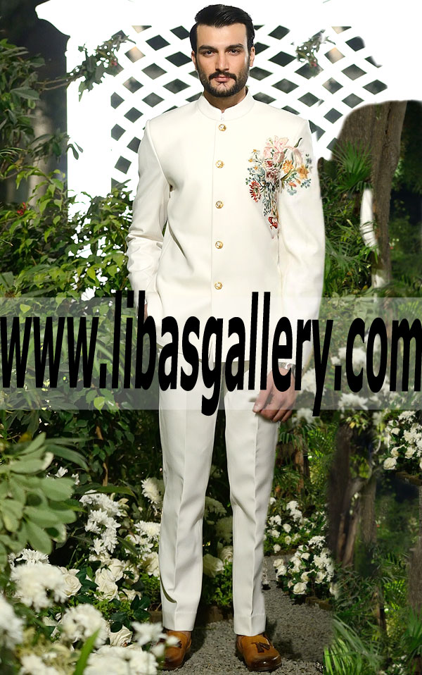 Innovative Designer Embroidered Nehru jacket Sherwani Suit for Groom