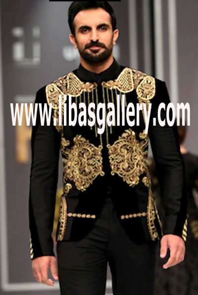 Black Gold Embroidered Velvet Prince coat Sherwani