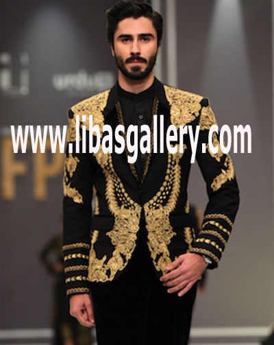 Merino Wool & Silk blended suit with gold embroidered accents in new innovative 3D techniques for Groom in Wedding UK,USA,Canada,Switzerland,New Zealand