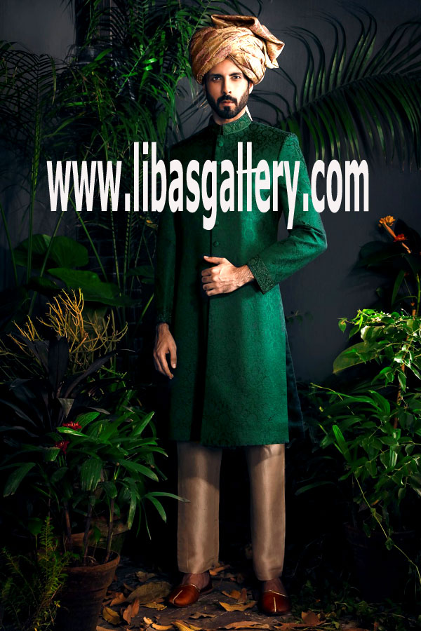 Self Jamawar Green Color Wedding Sherwani Set with Turban and Matching Embroidered khussa Mughal Shoes for Men UK,USA,Canada,Saudi Arabia