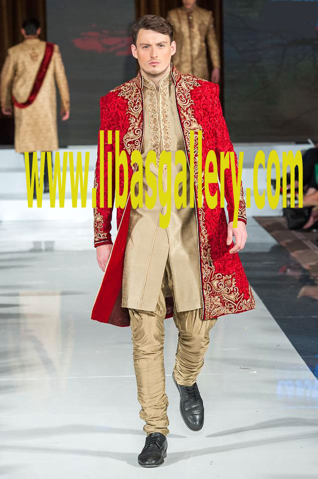 Traditional Red Color Sherwani Suit Embellished nicely with high quality material golden color with pants and inner kurta for Groom Wedding Day UK,USA,Canada,Saudi Arabia,Qatar