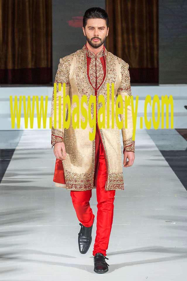Angrakha Style Golden Groom Sherwani with Red pajama Trouser and Inner suit and matching embroidered khussa pair mughal shoes embellished UK,USA,Canada,Saudi Arabia,UAE Dubai