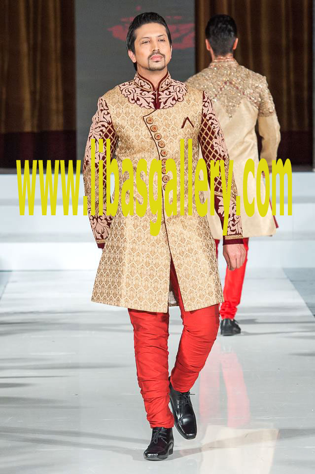 Angrakha Shape sherwani for Groom with Red pajama Trouser and Shoes walk on Ramp in Wedding Hall to show off personality to your Relatives UK,USA,Canada,Qatar,Australia,Oman