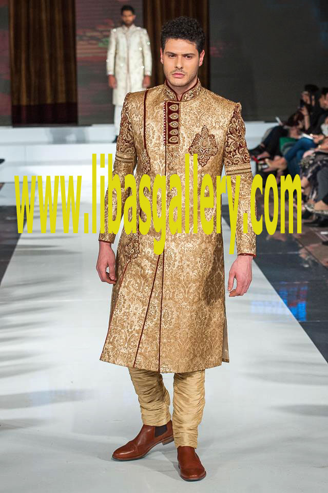 Golden Sherwani outfit for Young Groom Wedding Day Nikah Day Shadi day Work on Collar Sleeves and Front Motif Chicago USA United States of America