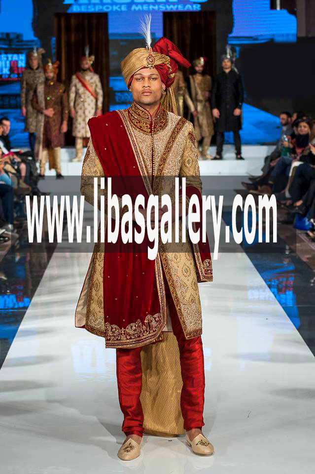 Beige Color Sherwani Suit 2017 for Tan Color Skin Groom Dulha with Red Gold pretied Safa Turban Pagri Buckinghamshire Aylesbury UK