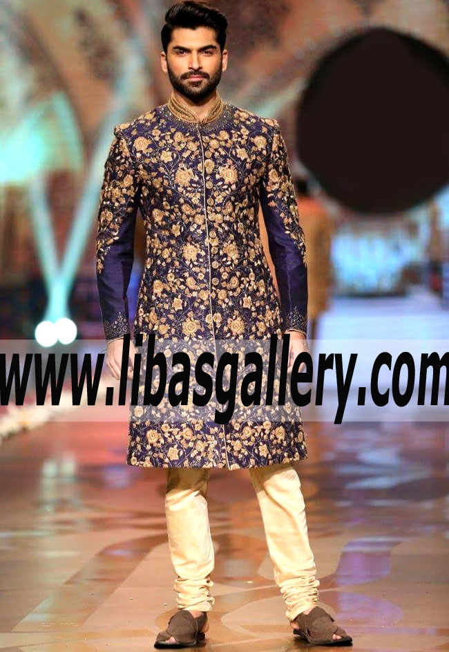 shop online blue embroidered wedding sherwani outfit for your son and damad in raw silk and jamawar South Africa Cyprus