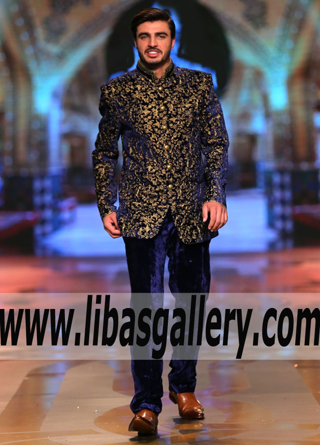 pure velvet mid night blue mens prince coat with rich quality heavy embroidery paired with velvet pants buy online france italy japan