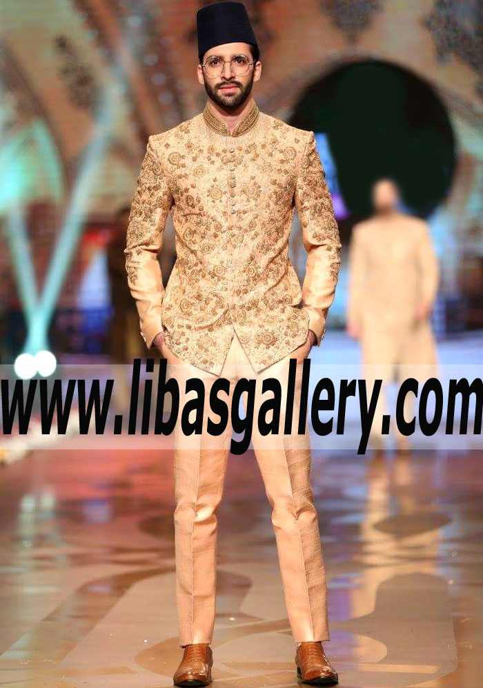 men`s prince coat embroidered in raw silk work on collar and all over front custom made fast delivery Saudi Arabia Qatar