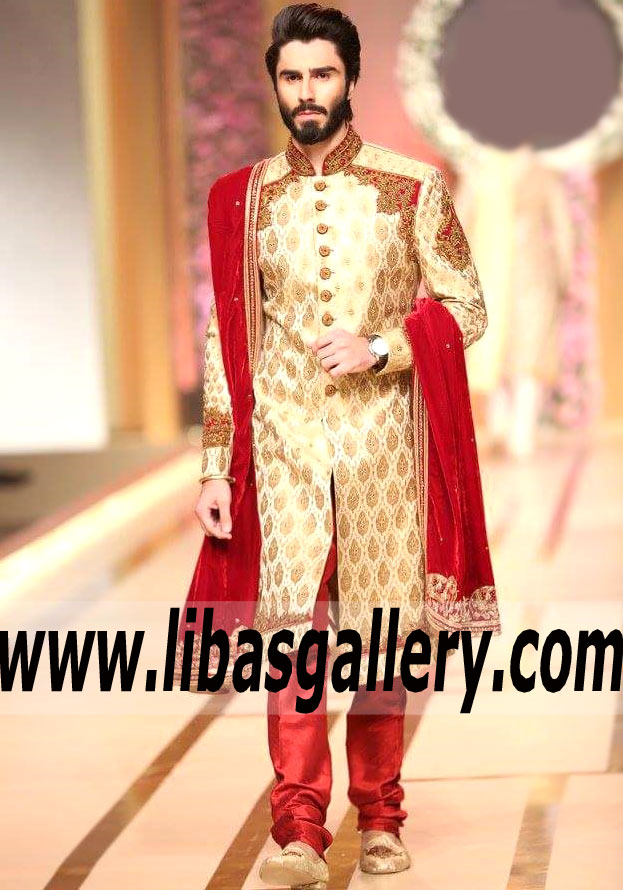 Modern Style groom jamawar sherwani to catch attention in wedding hall custom made hand work Toronto Mississauga Canada