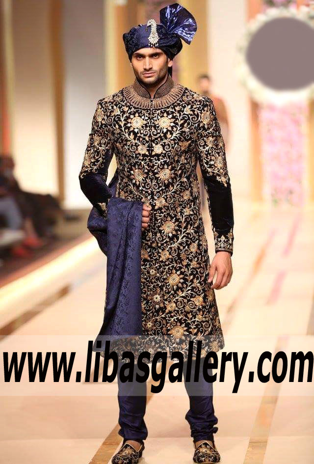 luxury velvet embellished groom nikah barat sherwani