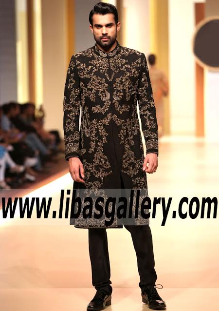 black hand embellished designer sherwani suit with black pants and inner kurta hsy sherwani kora dabka stones crystal sequins uk usa canada
