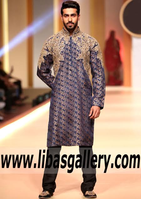 QHBCW Qmobile Hum TV Bridal Couture Week Blue Color Jamawar kurta  HSY Collection for men Jackson Heights New york USA