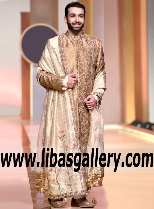 Golden Color Jamawar Wedding Sherwani Suit for Groom Displaying with ladies Embroidered Shawl and Sherwani Work on Collar UK,USA,Canada,Australia,Dubai