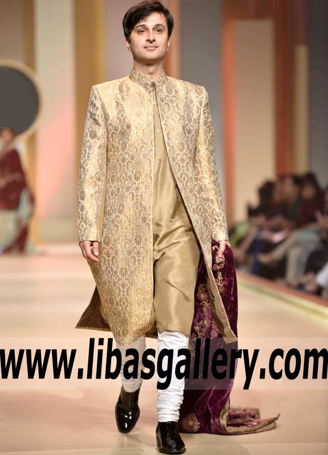 Latest BeSpoke Golden Color Groom Sherwani Suit for Men for Wedding Nikah to look Smart among Wedding Guests Pakistan,India,Saudi Arabia,Bangladesh,Turkey