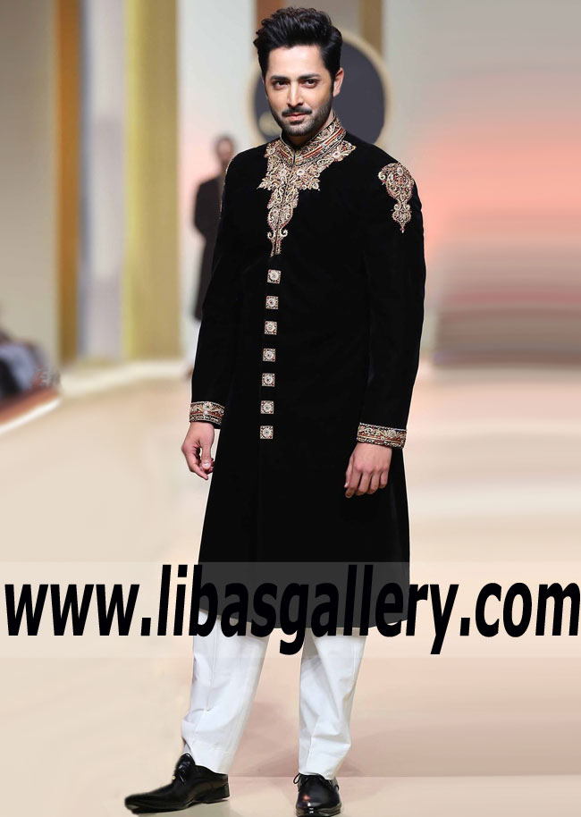 New Trend of Sherwani Suit Collection Danish Taimoor Film TV Actor Wearing Pakistani Groom sherwani Black Color 2017 UK,USA,Canada,UAE,Australia,Saudi Arabia