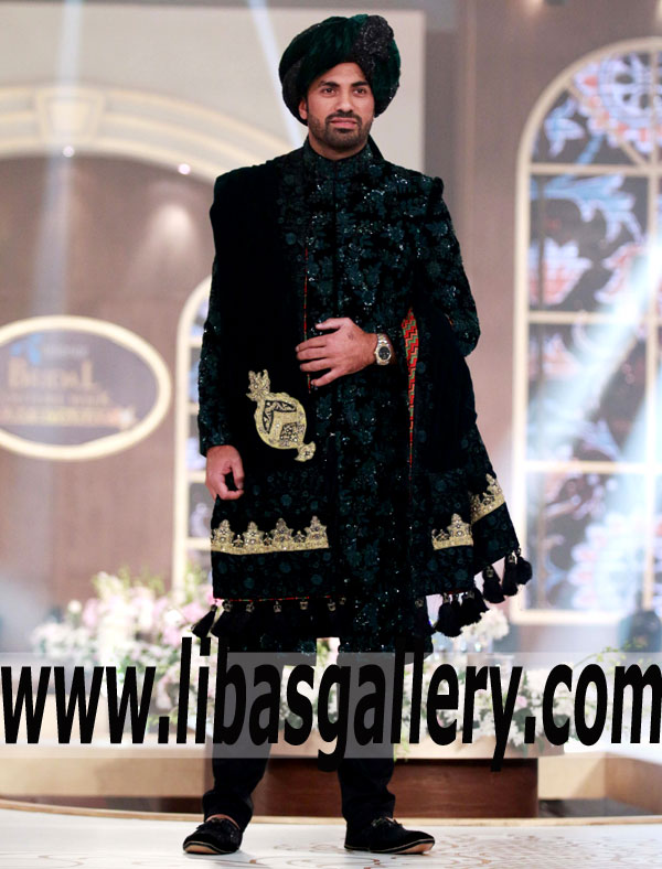 Black heavy embroidered raw silk Sherwani Suit for business man Groom from elite class people uk usa canada dubai