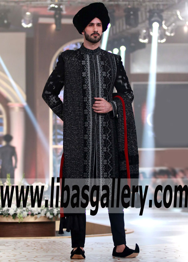 Classic Black Sherwani features High Quality Embellishments for Wedding and Special Occasions
