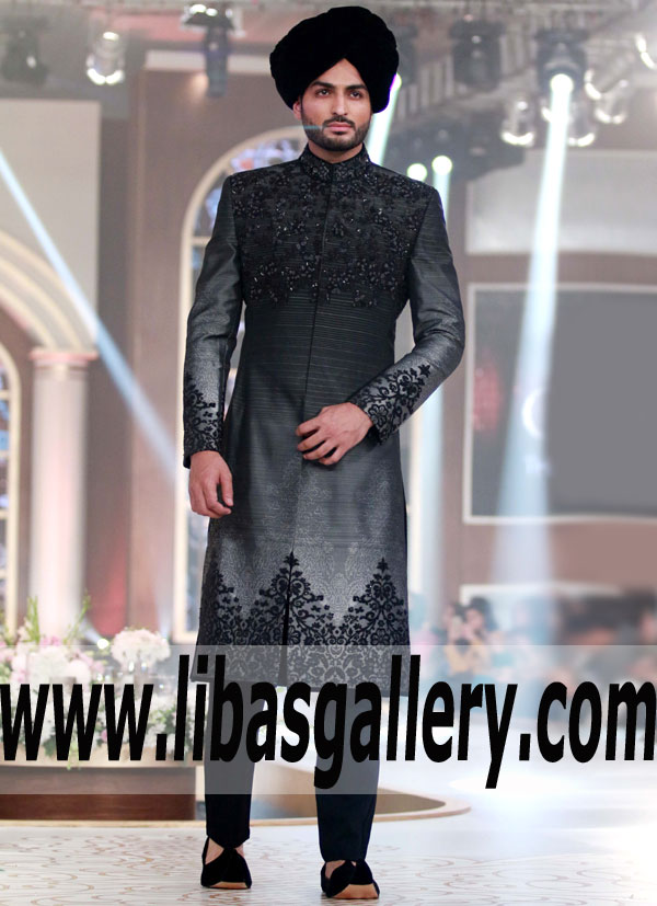 Grand black groom Sherwani suit in raw silk for nikah Event