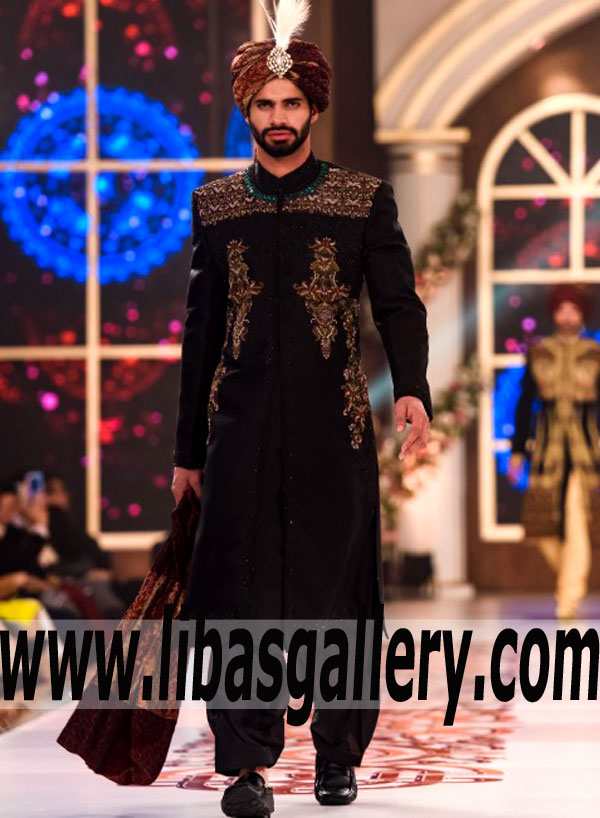 Gorgeous Black Jamawar Groom Sherwani for Wedding and Special Occasions
