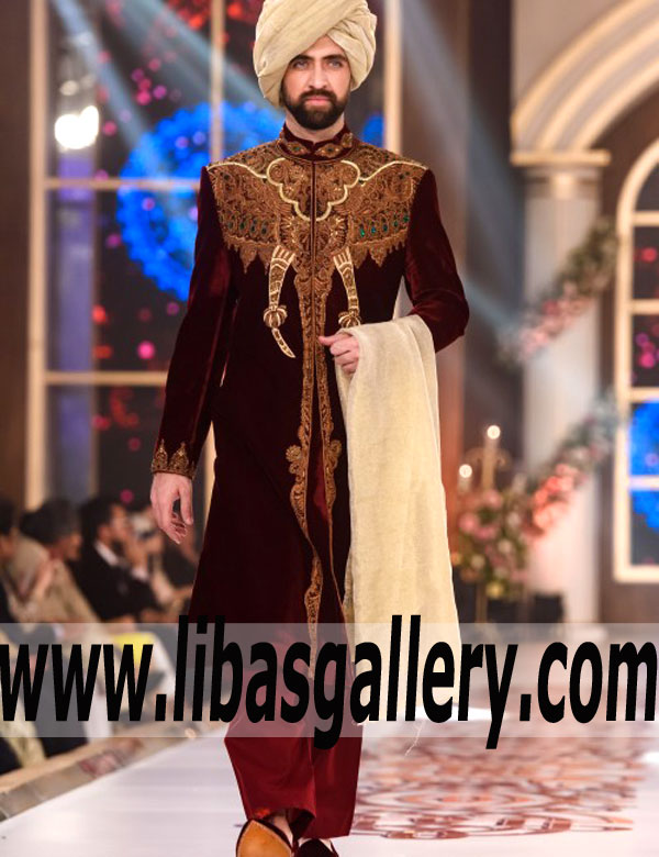 Gorgeous Velvet Sherwani features Rich Quality Embellishments for Groom 