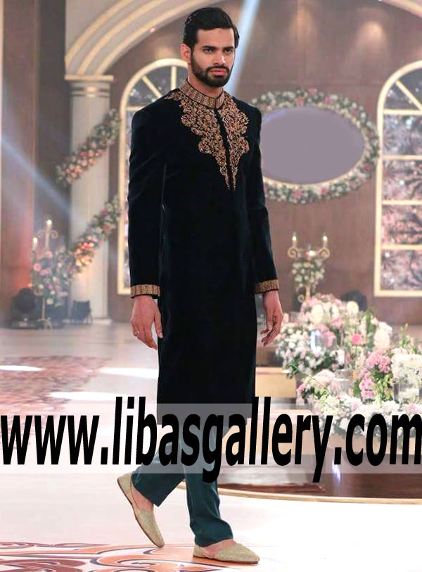 Conspicuous Velvet Sherwani Suit for Wedding Groom