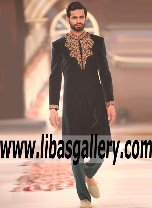 Conspicuous Velvet Sherwani Suit for Wedding Groom