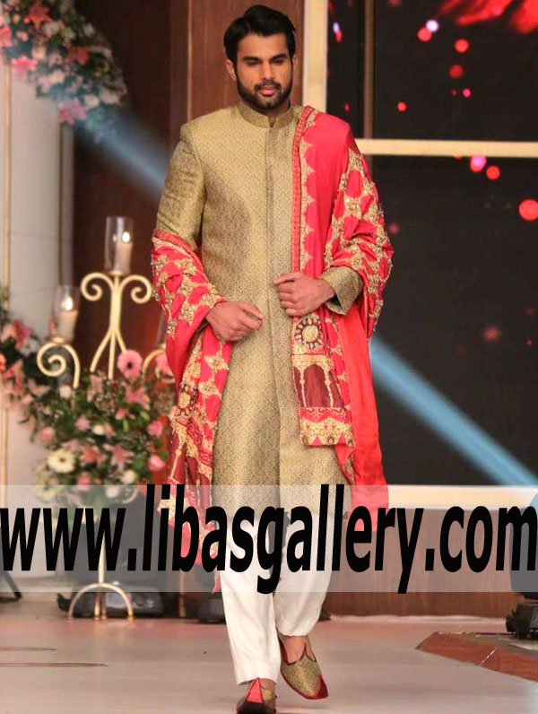 Simple Self Jamawar Menswear Sherwani for groom