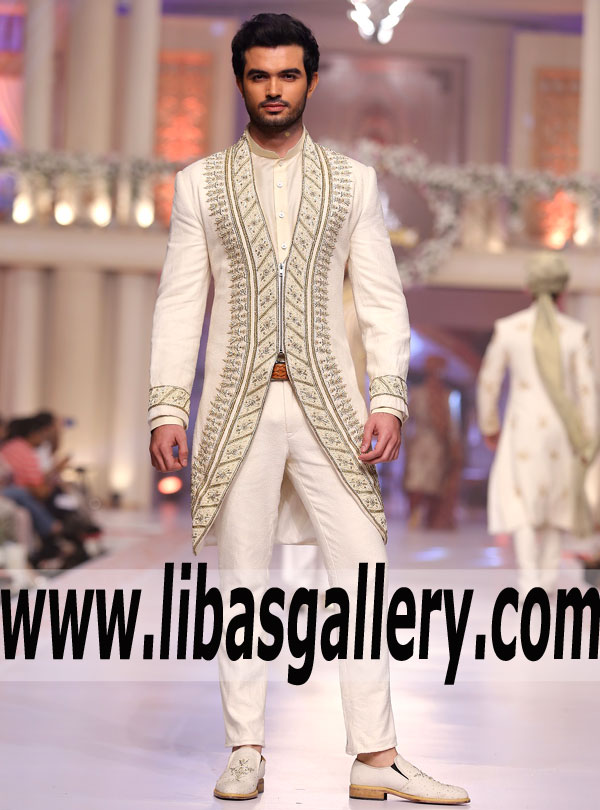 White Sherwani Indo Western Style zardozi hand work paired with pants for Groom Nikah barat Event UK USA New zealand