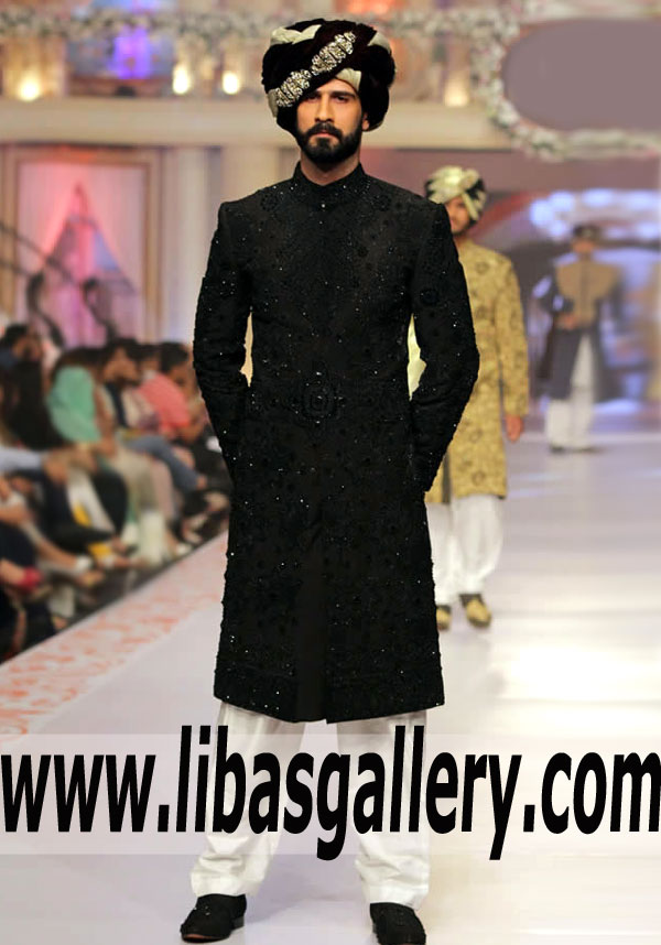 Graceful Heavy Embroidered Black Sherwani For Groom