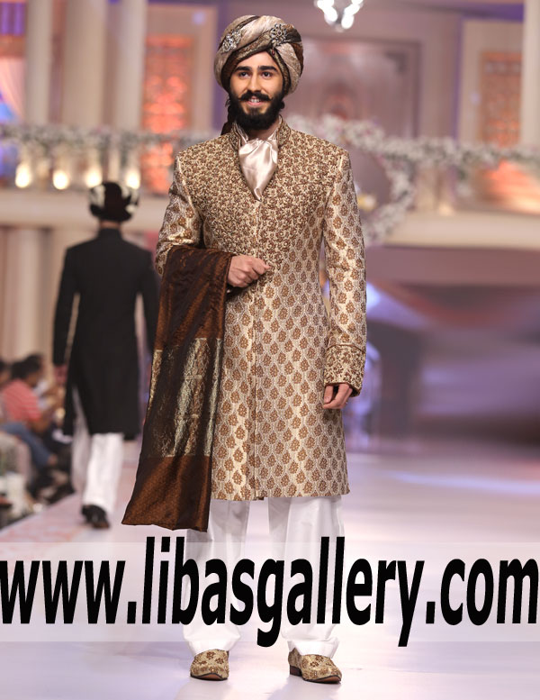 Irresistible Champagne Banarasi Jamawar Sherwani Suit for Wedding