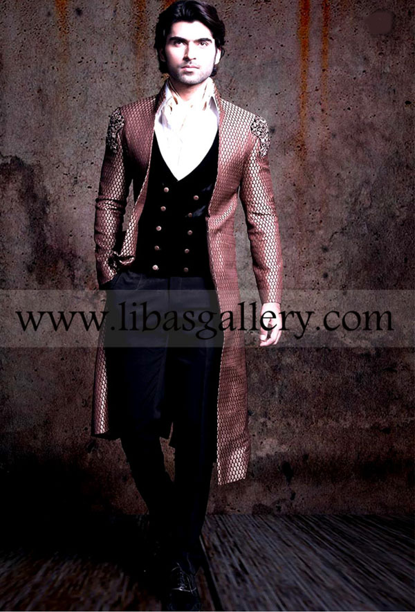 Beautiful button less groom sherwani long length with inner black vest and pants Virginia Manhattan USA