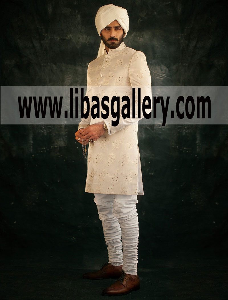 smail Farid peacock jacquard Groom Sherwani off white churidar Turban london Southhall UK