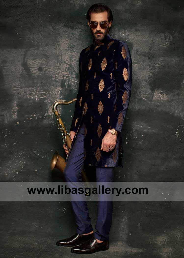 Navy Blue Velvet Sherwani for Grand Wedding Shadi