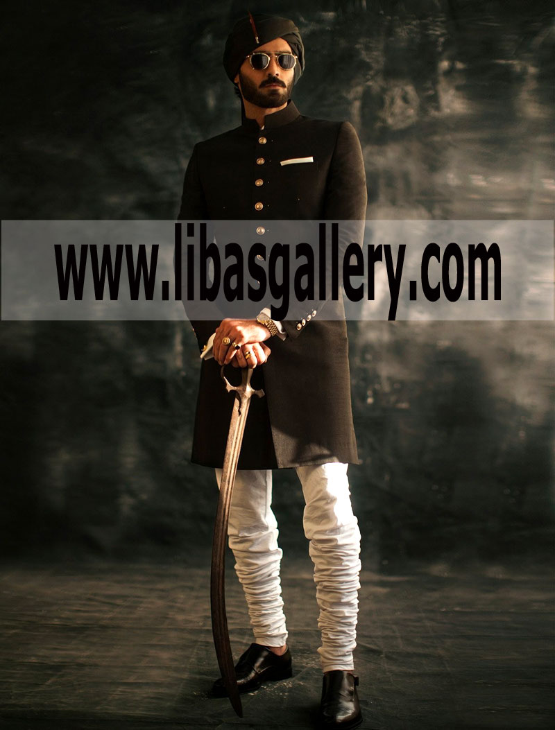 Black Raw silk Sherwani Ismail Farid golden buttons Turban short tail ottawa Toronto Canada