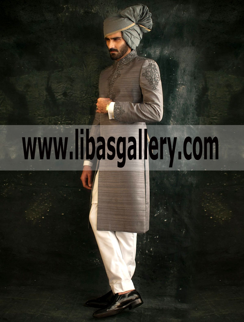 Ismail Farid medium Grey Gray Sherwani Raw silk same color embroidery on collar Dubai Abu dhabi UAE