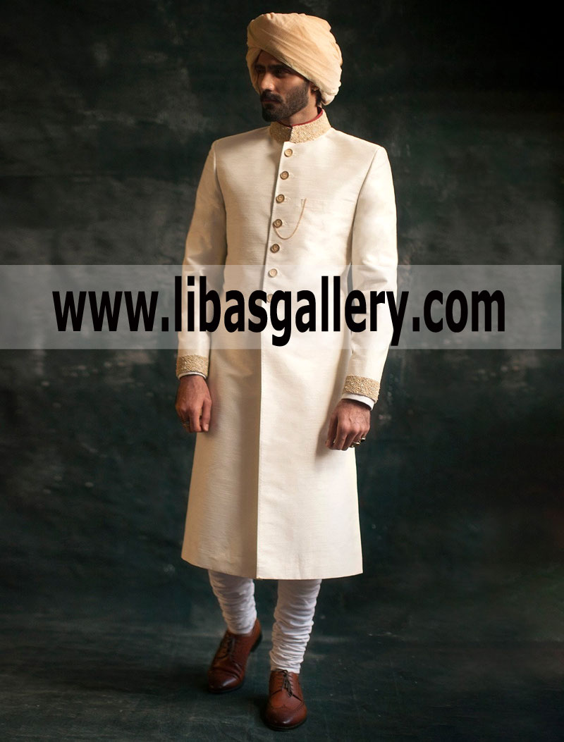 Raw silk sherwani Ismail Farid off white buy online turban churidar sherwani Michigan USA Groom