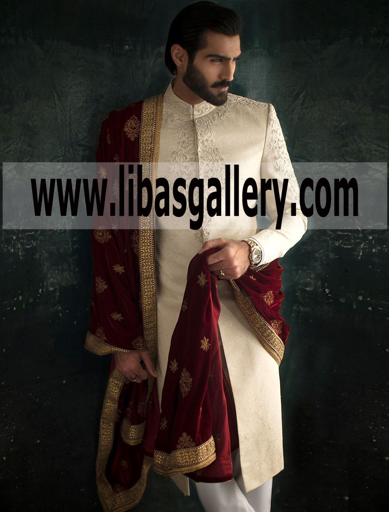 Beige Golden Jamawar Top Class Wedding Shadi Sherwani 