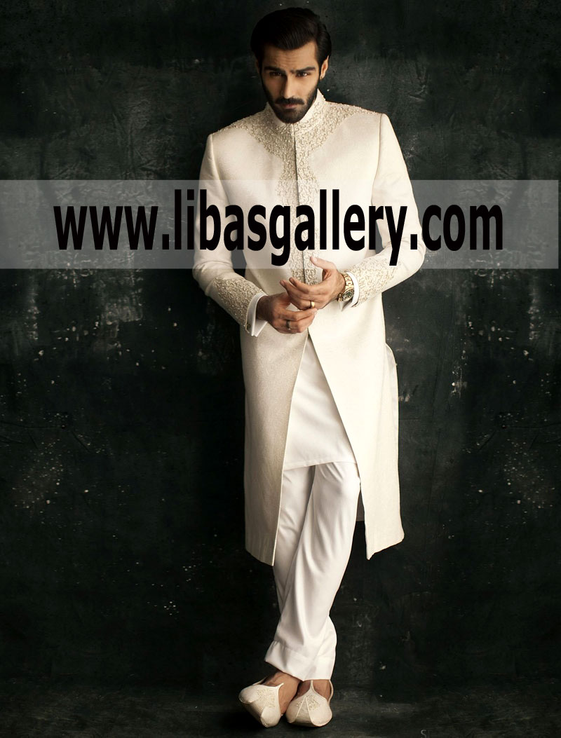 Off White Karandi Jamawar Dulha Groom Wedding Sherwani
