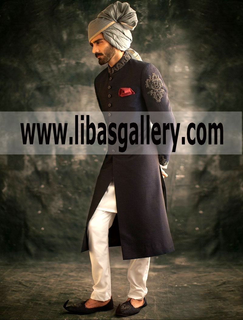 Desan da Raja mere babul da pyara in Ismail Farid mid night blue raw silk sherwani Dubai UAE