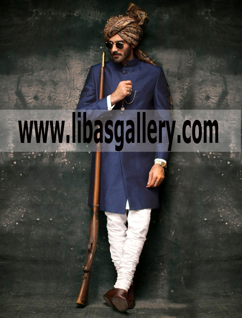 Royal Blue Raw Silk Wonderful Groom Wedding Sherwani