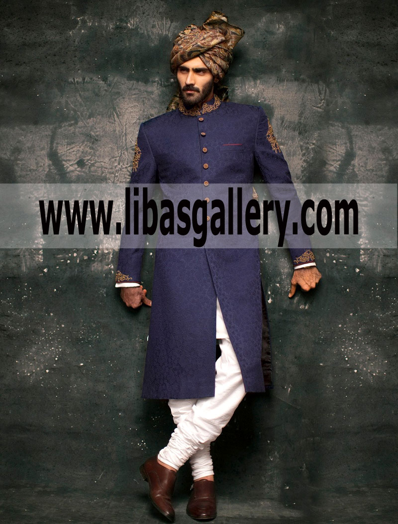 Royal Blue Ismail Farid Designer sherwani karandi jamawar for Wedding Shop online America USA